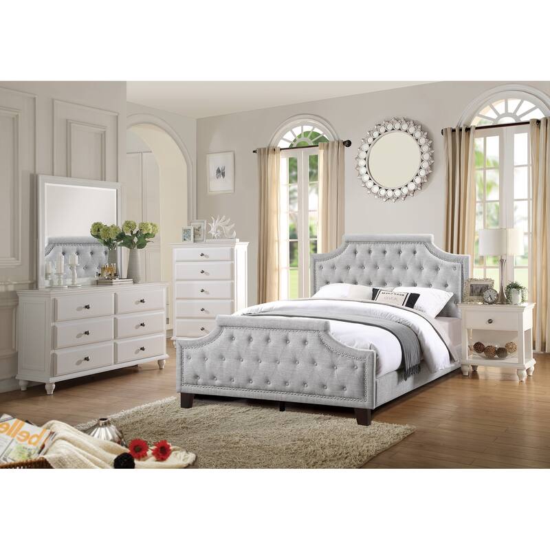 Grey Polyfiber American Traditional 1pcs Queen Size Bed Only Button Tufted Headbaord Footboard Bedroom Furniture