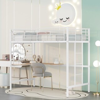 Twin Size Metal Loft Bed with Desk, Ladder, and Metal Grid for Kids