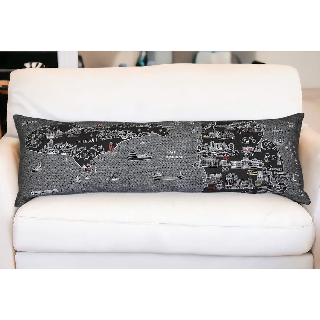 HomeRoots 46" Black Michigan Nighttime Skyline Lumbar Decorative Pillow