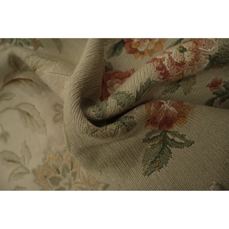 Hand Knotted Oriental 100% Wool Carpet Traditional Floral Beige & Ivories Aubusson Area Rug - 9' 8'' X 7' 6''