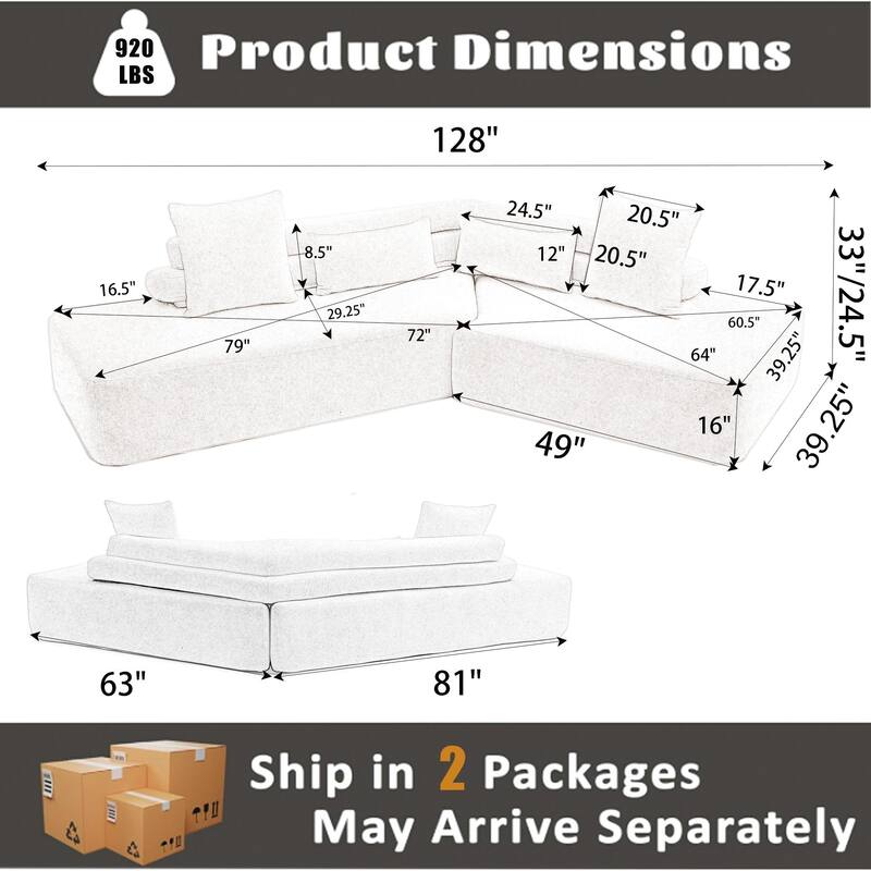 128" Polyester Modular 4-Seater Sectional Sofa with Boucle Teddy Fabric, Pocket Spring Support, and No Assembly Required