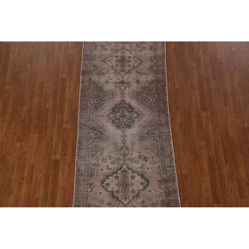Hand Knotted Oriental 100% Wool Carpet Traditional Geometric Pink Hamedan Runner Rug - 9' 7'' X 3' 3''