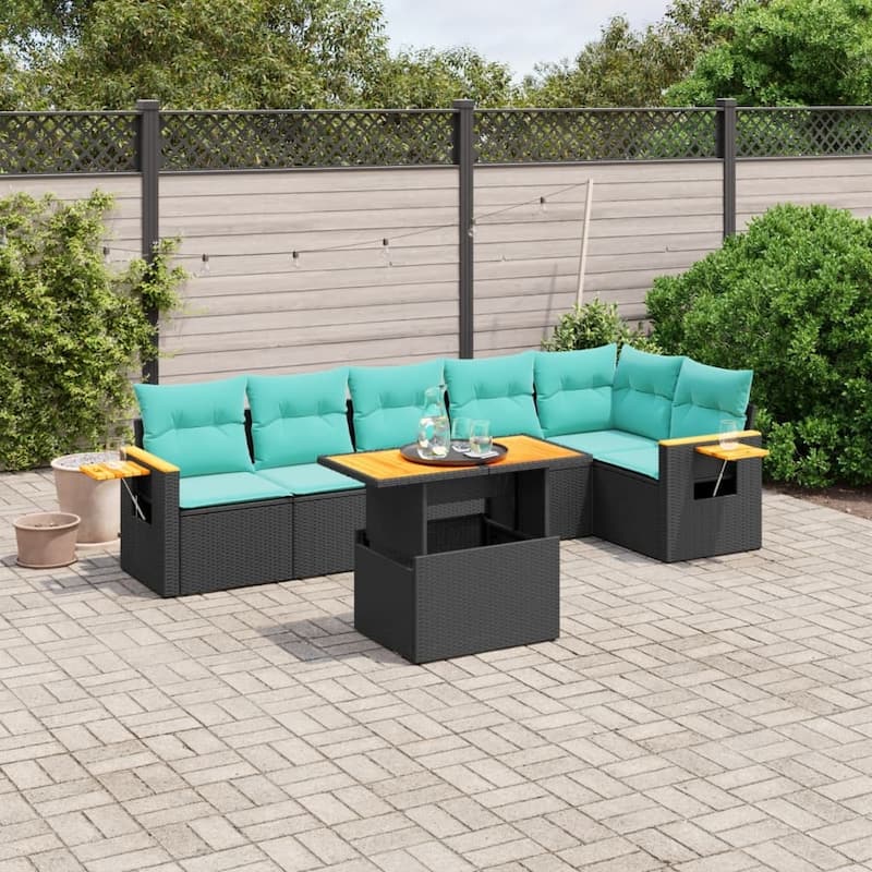 vidaXL Patio Sofa Set with Cushions Outdoor Furniture 7 Piece Poly Rattan - 21.7 x 24.4 x 27.2 - Black