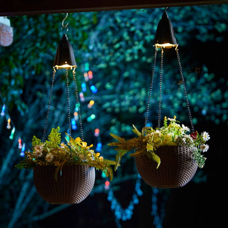 Glitzhome 30"H Solar Lighted Plastic Hanging Planter Basket
