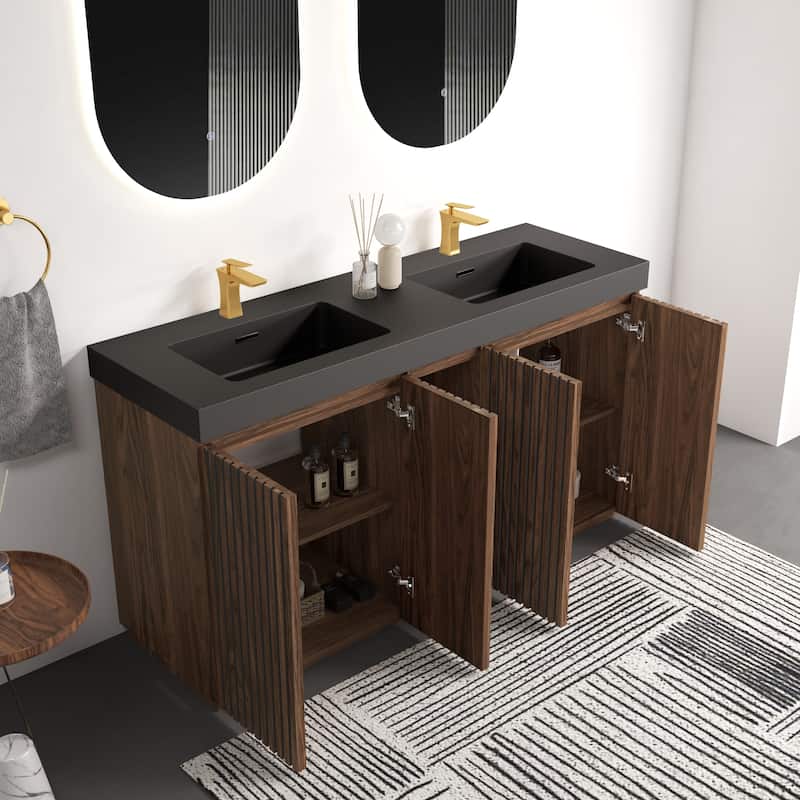 GDFStudio - Galan 60" Freestanding Bathroom Vanity with Quartz Sink, Solf Close Doors, Open Storage Shelf, NO Drain & Faucet