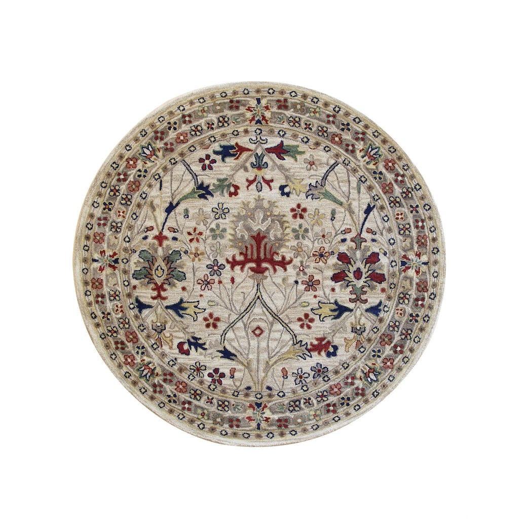 Ivory Hand-Tufted Wool Traditional Morris Rug, 6' Round, Luxurious Classic Design - L