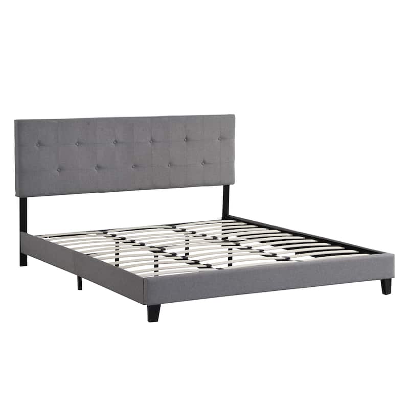 Grey Full Platform Bed in Upholstered Finish with Tufted Headboard and Strong Wood Slat Support
