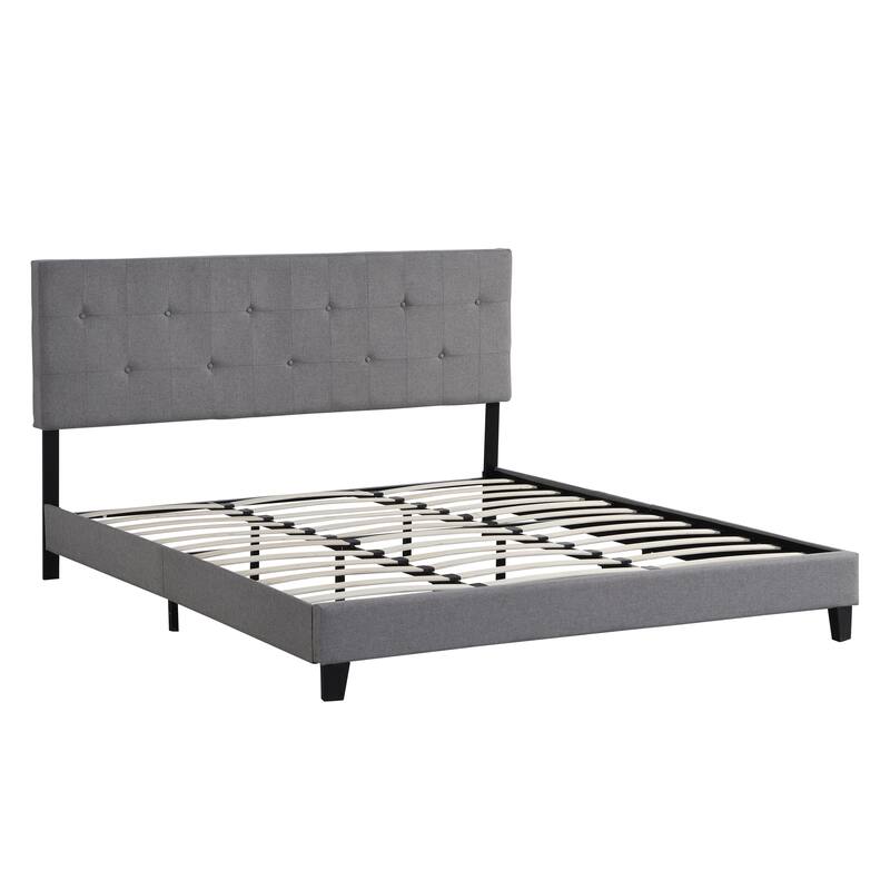 King Size Bed Frame with Button Tufted Fabric Headboard, Upholstered Platform Bed Frame, No Box Spring Needed, Wood Slat Support