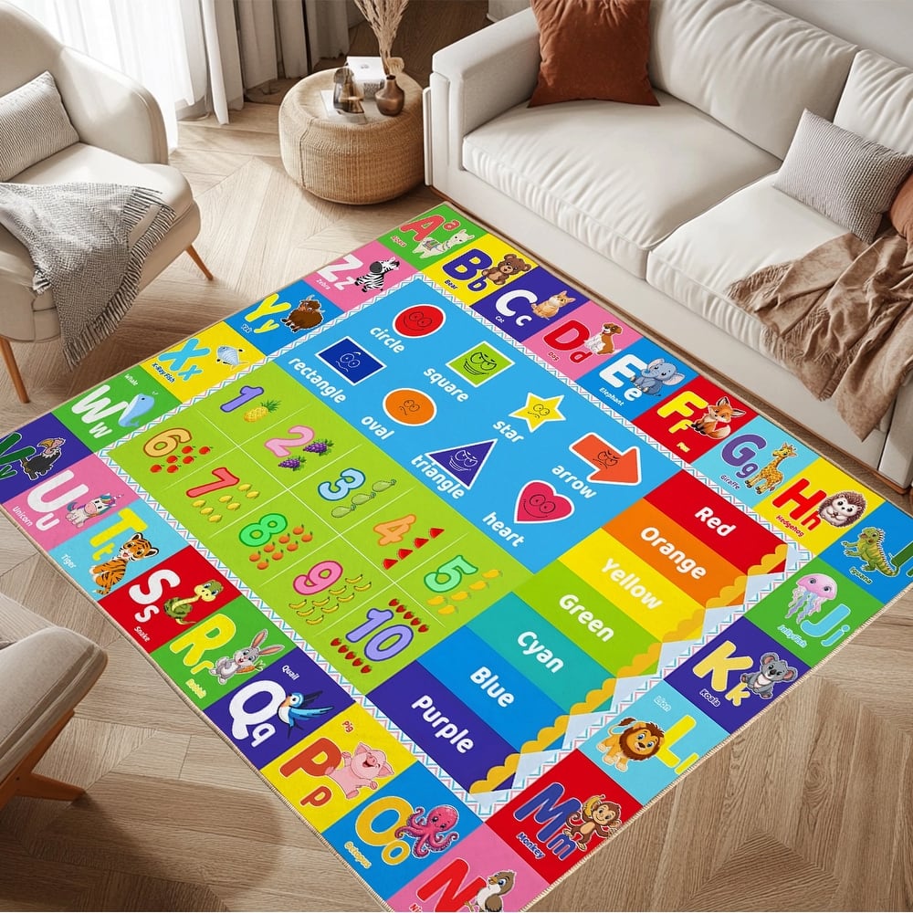 Kids Educational Rug, Kids Area Rug for Learning Alphabet, Numbers, Colors, Shapes and Animal Words, Children Playmat