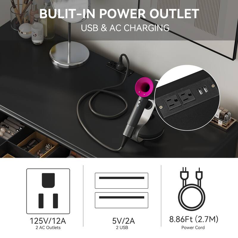 Modern Makeup Vanity & Chair Set, Dressing Table Writing Desk with Charging Port