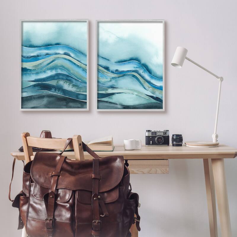 Stupell Abstract Blue Wave Seascape Tranquil Ocean Pattern Framed 2 Piece Wall Art - White