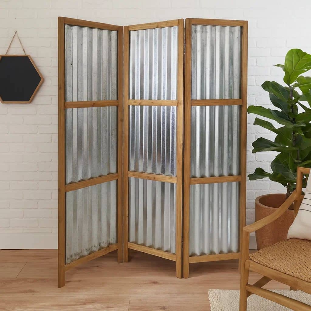 Industrial 3 Panel Foldable Screen with Corrugated Design,Silver and Brown