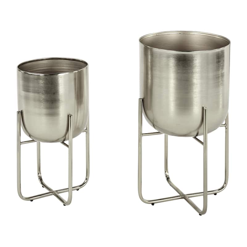 Metal Brushed Dome Indoor Outdoor Planter with Curved X-Shaped Bases - Set of 2 Gold, Silver, Black, White - Roche River Decor - Silver