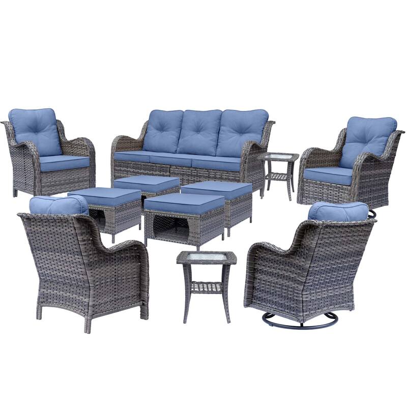 Gray Wicker Outdoor Patio Furniture Set with Swivel Rocker Patio Chairs