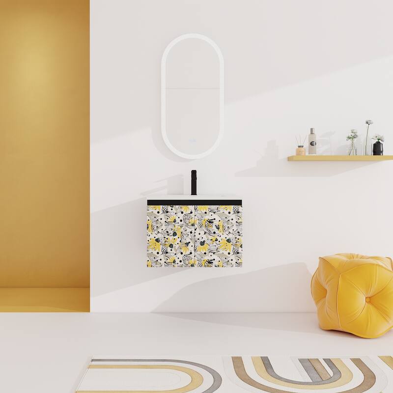 24" Floating Wall-Mounted Bathroom Vanity with Soft-Close Doors, Ceramic Sink, Eco-Friendly Plywood Base - 24in L Plywood - 24" Colored zebra+Hattich Hinge