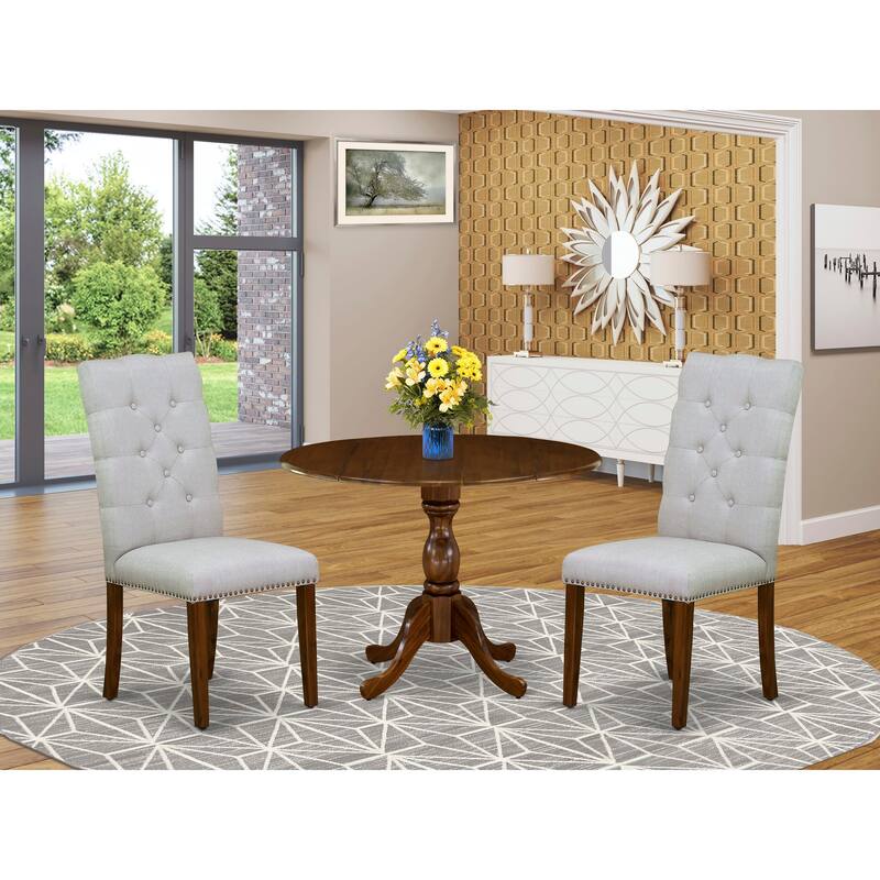 East West Furniture 3 Piece Dinette Set- a Round Dining Table and 2 Linen Fabric Parsons Dining Chairs, (Finish Options) - DMEL3-AWA-05