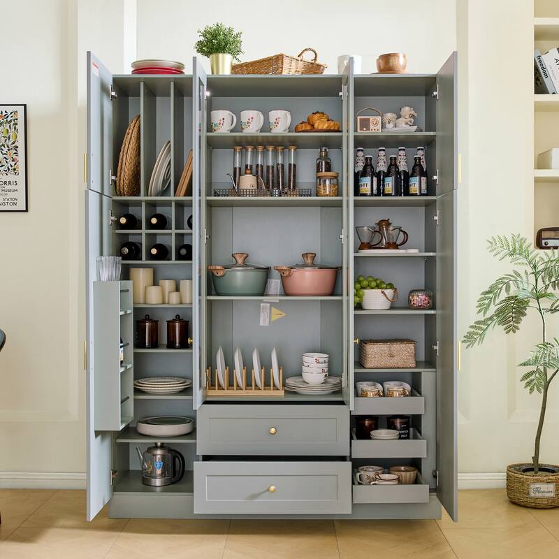 53" Modern Kitchen Pantry Cabinet with 6 Doors, Pull-Out Trays & Wine Rack - Green