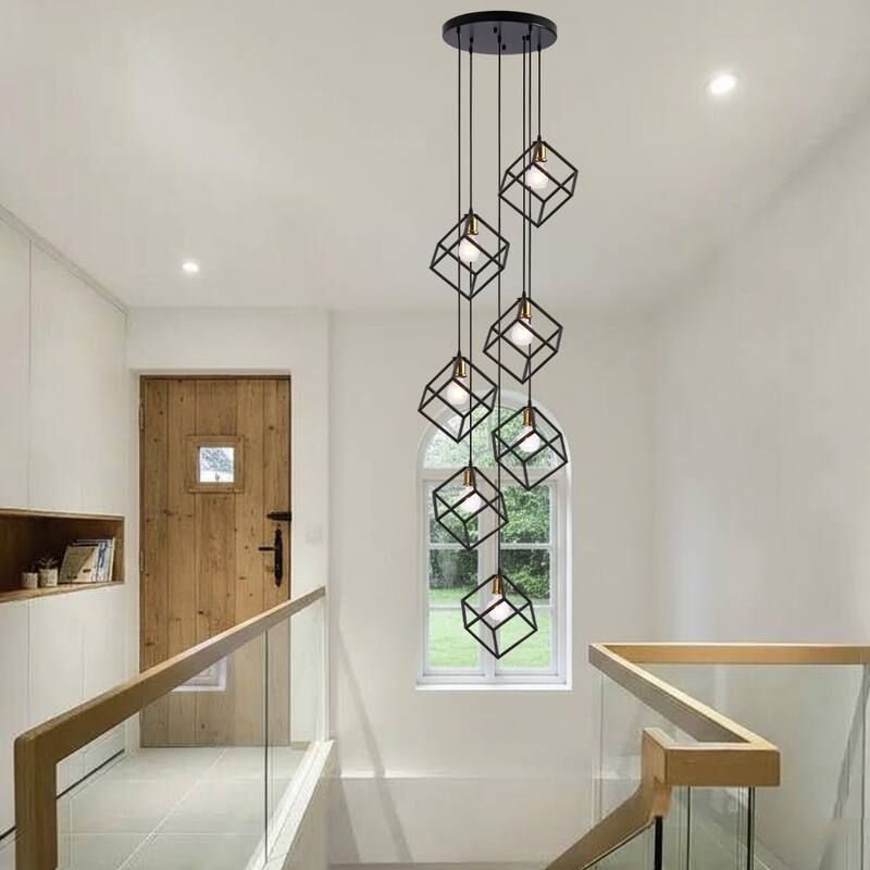 7 - Light Cluster Geometric Staircase Pendant, Adjustable Height Stairway Chandelier
