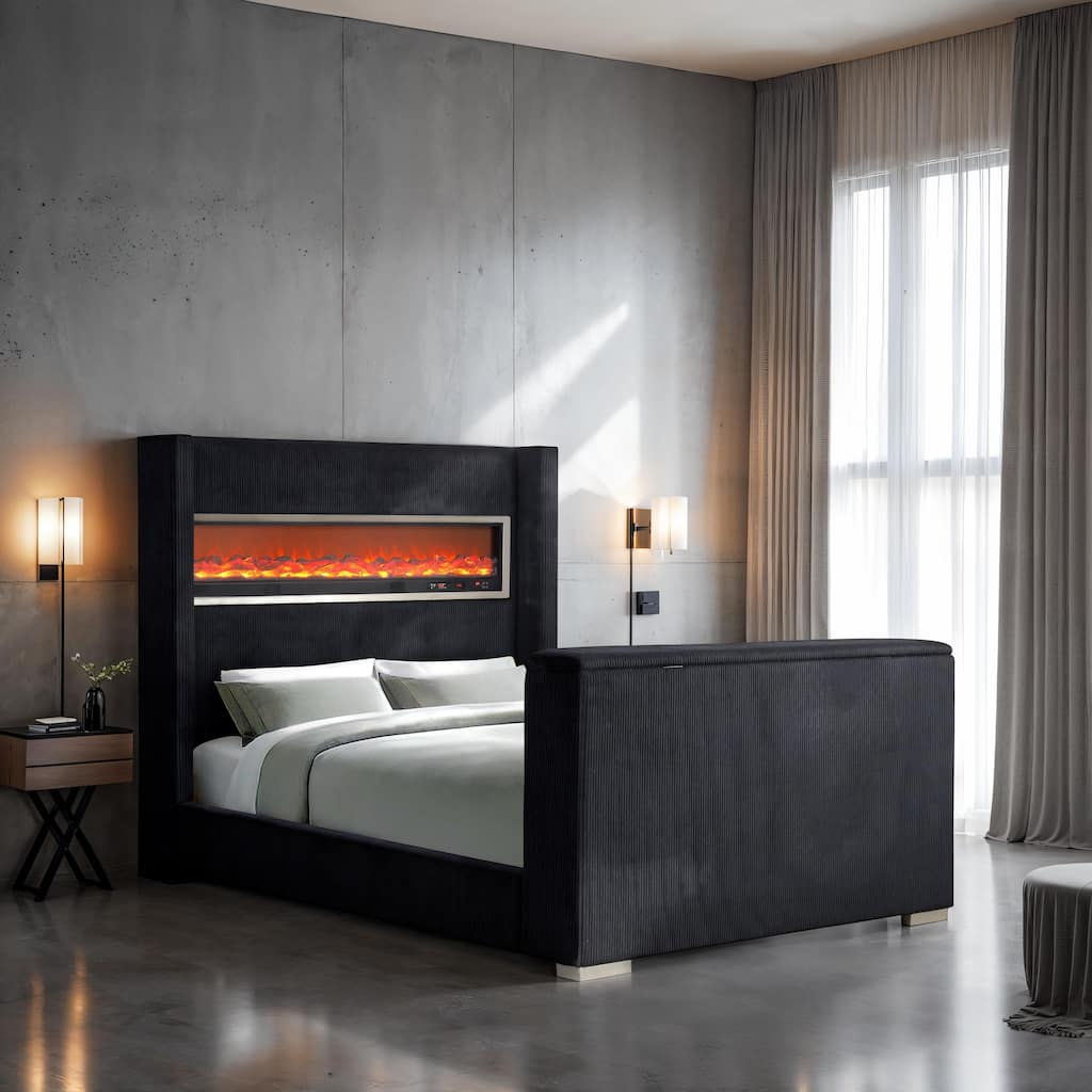 Furniture of America Gaia Modern Corduroy Bed with 3D Fireplace Simulator and Bluetooth Audio