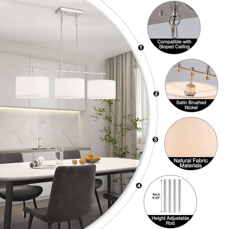 Starsky 3-Light Modern Linear Drum Fabric Kitchen Island Lights