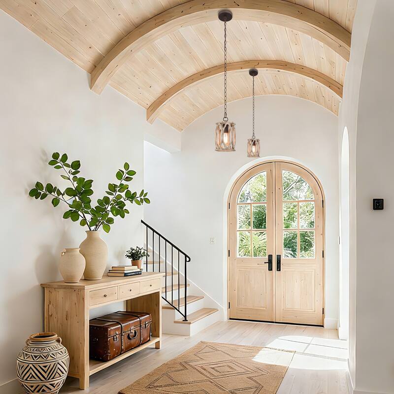 Clovy Farmhouse 1-Light Wood Lantern Pendant Lights for Kitchen Island - D6"x H 69"