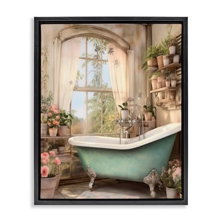 Stupell Bathroom with Floral Filled Shelves Framed Floater Canvas Wall ...
