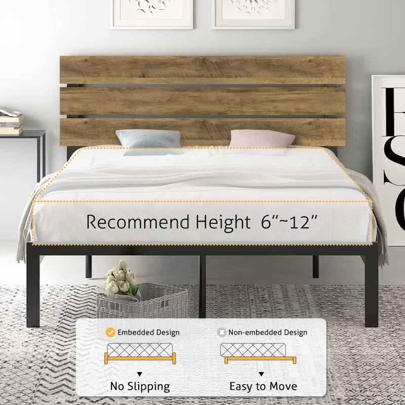 Rustic Style Platform Bed Frame Queen Size with Wood Headboard, Strong Metal Slats Support, Easy Assembly
