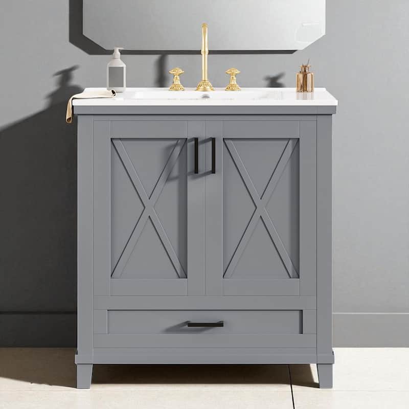 30" Modern Bathroom Vanity with Single Sink, Solid Wood Frame, Soft-Close Doors, and Storage Shelves - Grey