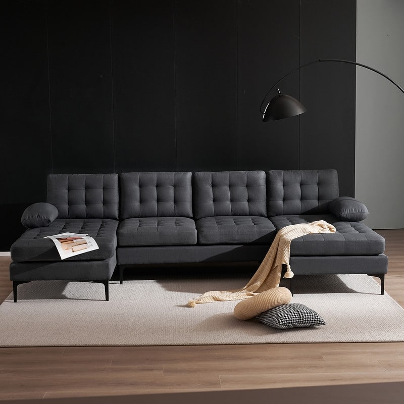 U-shaped Soft-Covered Armrest Backrest Seat Sectional Sofa Beige - Dark Gray