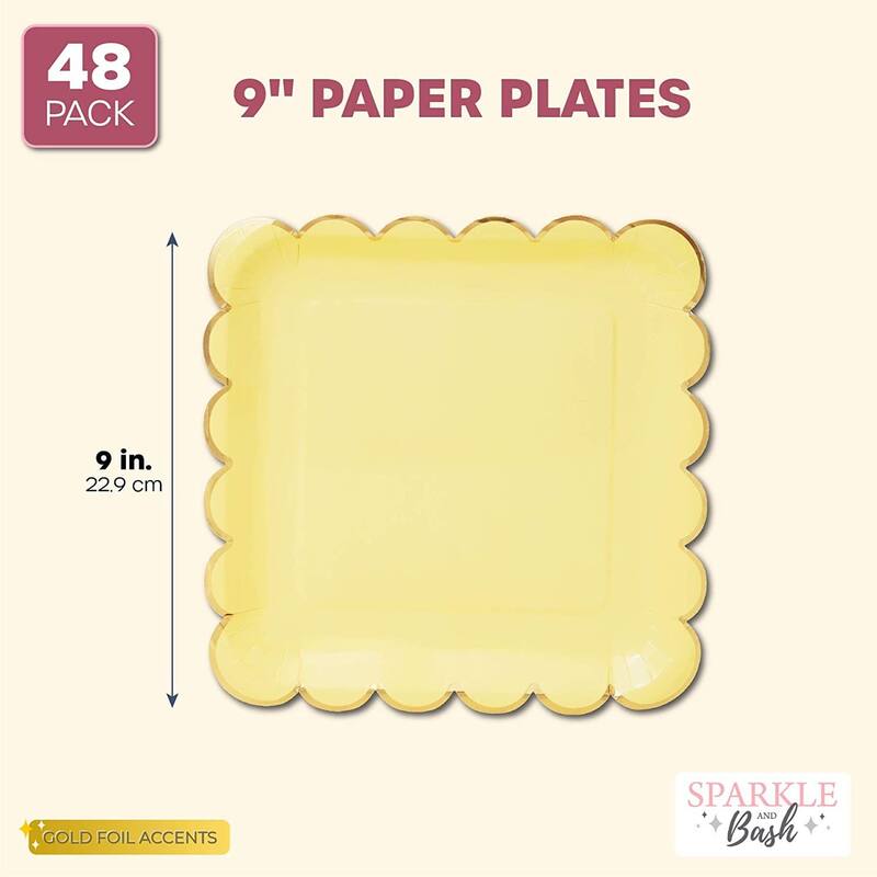 Pastel Yellow Square Paper Plates, Gold Foil Scalloped Edge (9 In, 48 Pack)