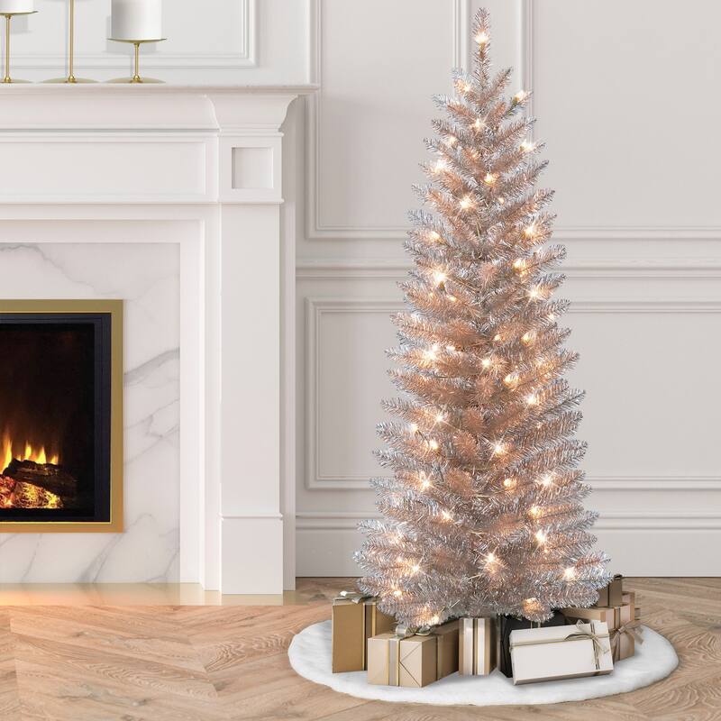 Puleo International 4.5 ft. Pre-Lit Rose Gold Tinsel Artificial - Pink