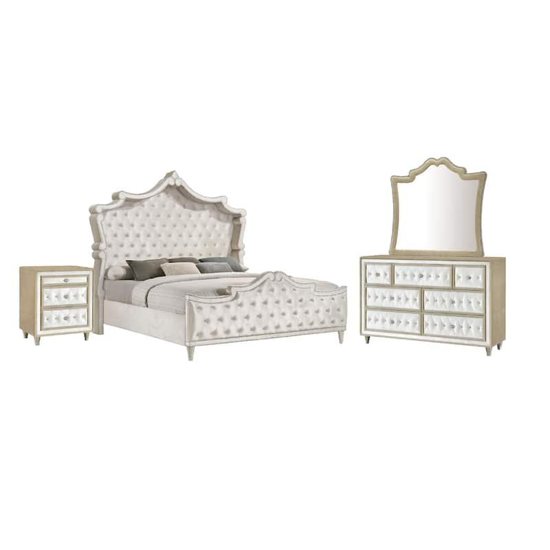 Lino 4 Piece Queen Bedroom Set, Classic Ivory White Velvet Upholstery