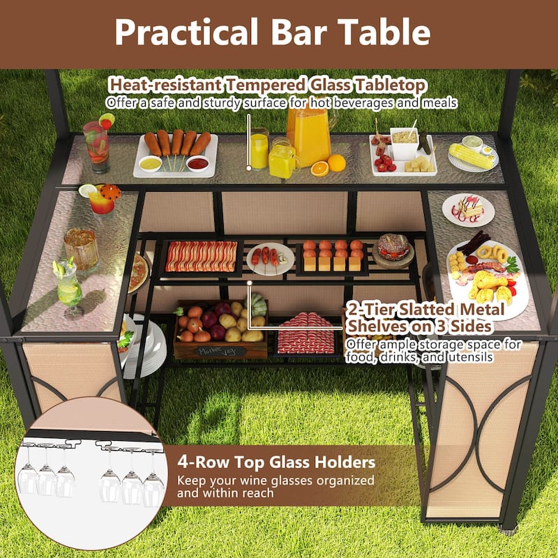 Costway 6.5 x 4 x 8 FT Grill Gazebo Set with 2 Bar Stools, Tempered - See Details