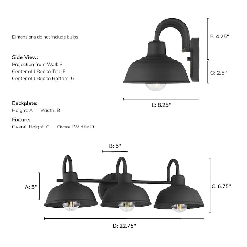 Hunter Mill Valley Matte Black 3 Light Bathroom Vanity Light - Transitional, Modern Farmhouse, Traditional