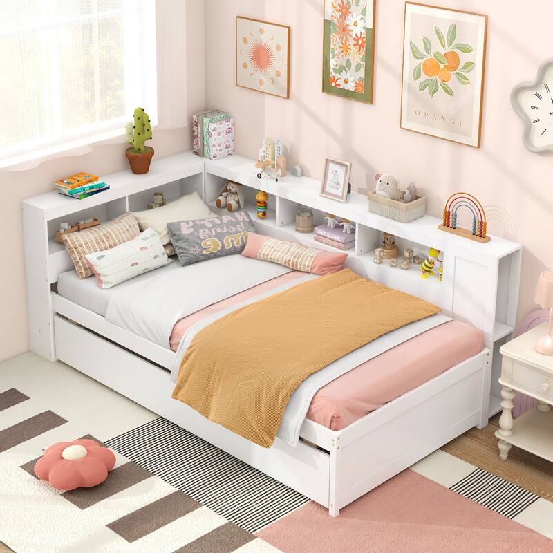 Gymax Twin Size Daybed w/ Trundle Bedside Shelves Reversible Bookcase