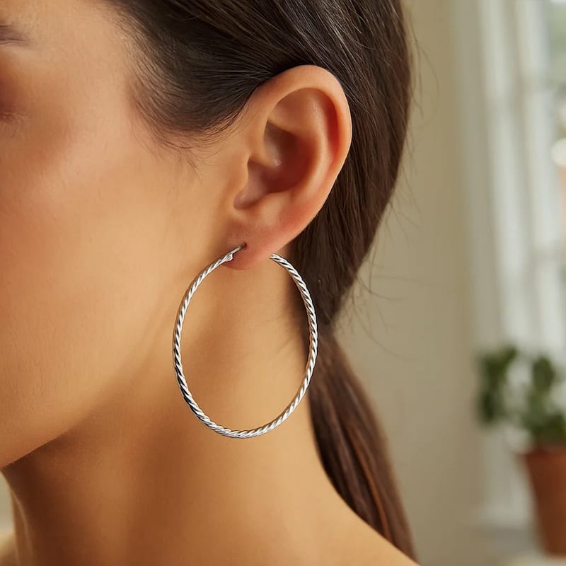 MayaMila Hoop Earrings with Twist Texture in Sterling Silver