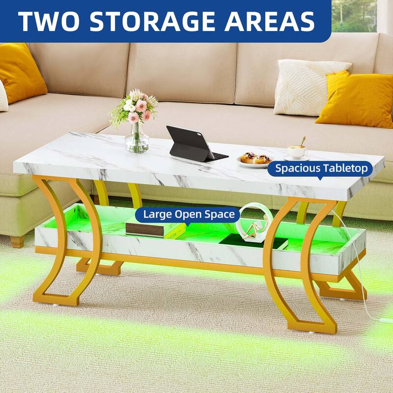 Moasis Modern Marbling Coffee Table 2-Tier Center Table with LED Lights
