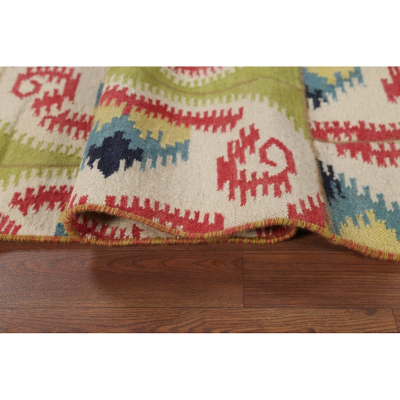 Hand-Woven Green Kilim Oriental Area Rug Handmade Wool Carpet - 4'10"x 7'11"