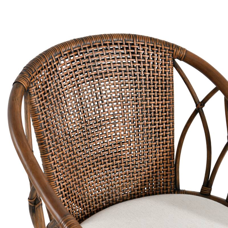 Bohemian 18" Seat W Rattan Barrel Arm chair with Upholstered Seat Accent Chair