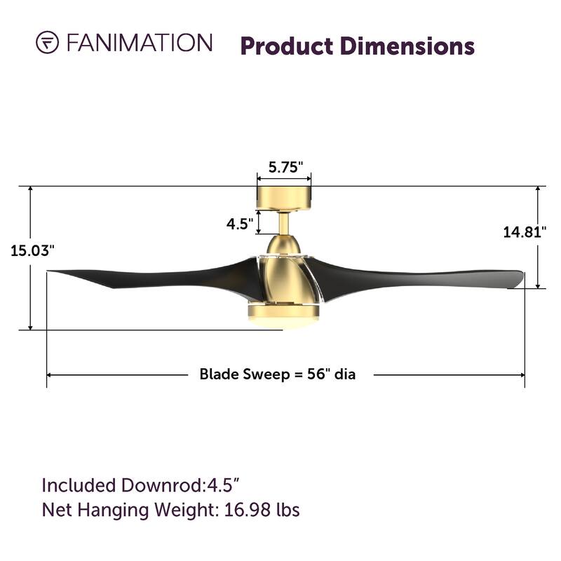 Fanimation Klear 56 inch Indoor/Outdoor Smart Ceiling Fan with LED CCT Select Light Kit and Remote - Brushed Satin Brass & Black