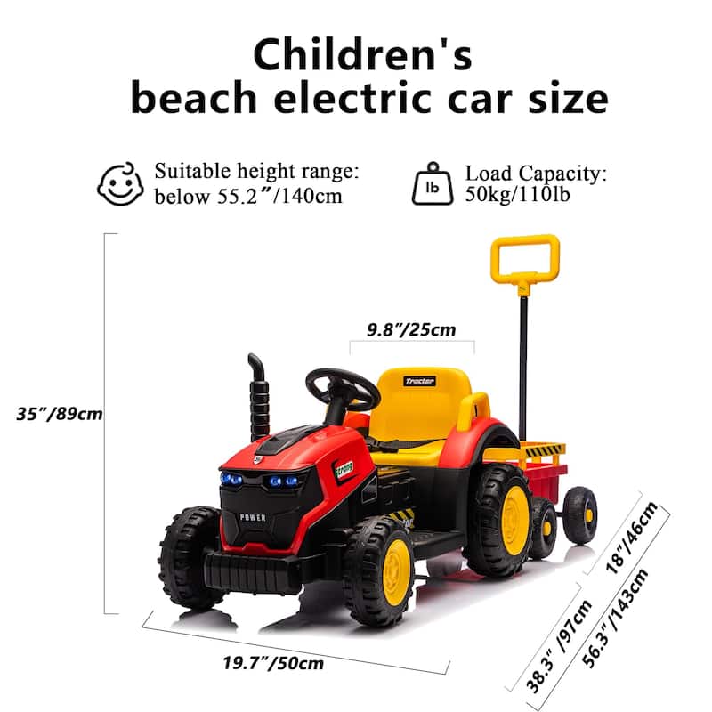 Kids Ride On Tractor with Trailer, Red Remote Control Electric Tractor Ride on Car with Bluetooth Music