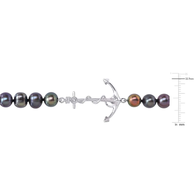 Miadora 7-7.5mm Black Cultured Freshwater Pearl Men's Necklace with Sterling Silver Anchor Charm
