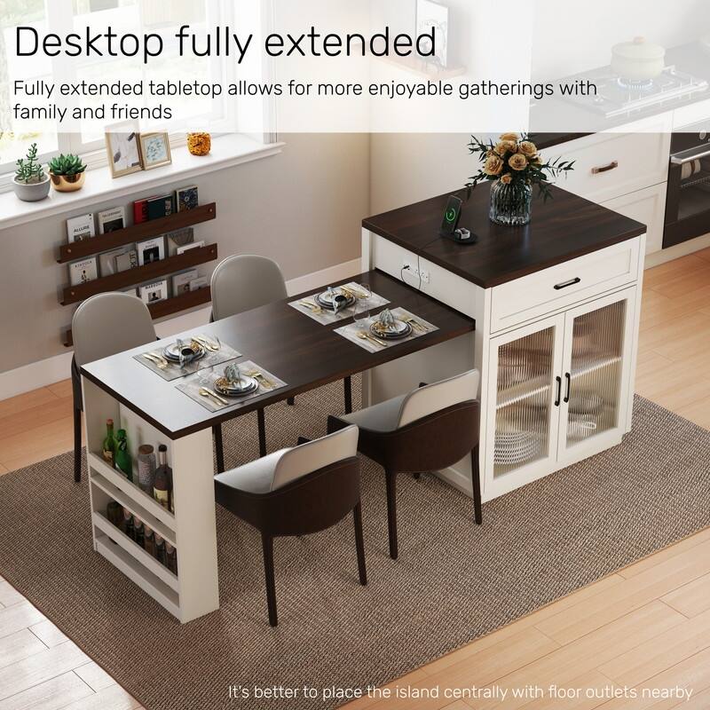Extendable Kitchen Island with Slide Out Table and Double-Sided Storage for Home and Dining Use