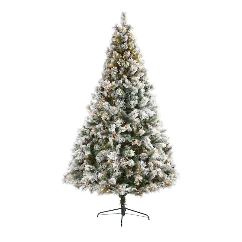 8ft Flocked Christmas Tree with Lights - Prelit Artificial Pine Holiday Decor - Green - 96