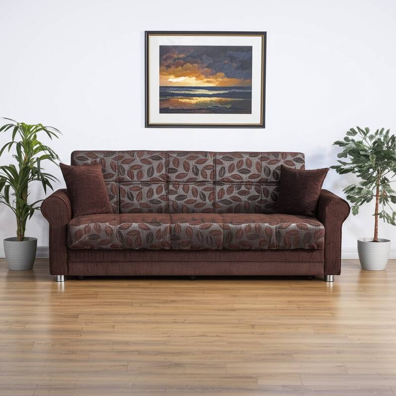 HomeRoots 89" Dark Brown Chenille Convertible Futon Sleeper Sofa And Toss Pillows With Storage - Dark Brown
