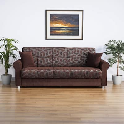 HomeRoots 89" Dark Brown Chenille Convertible Futon Sleeper Sofa And Toss Pillows With Storage