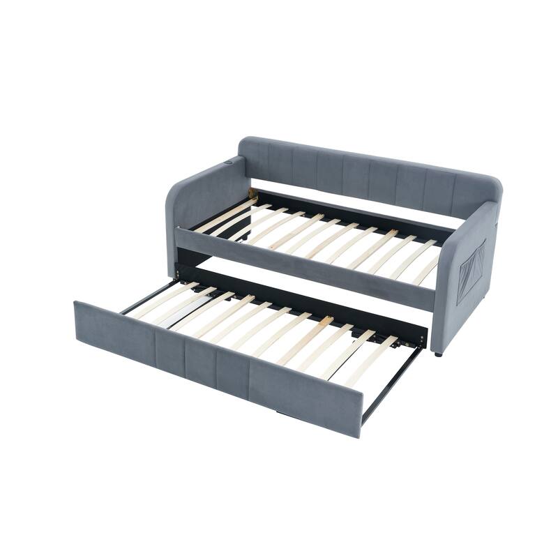 Twin Size Velvet Upholstered Daybed, Wood Sofa Bed Frame Daybed Couch with Trundle Bed and Wood Slat