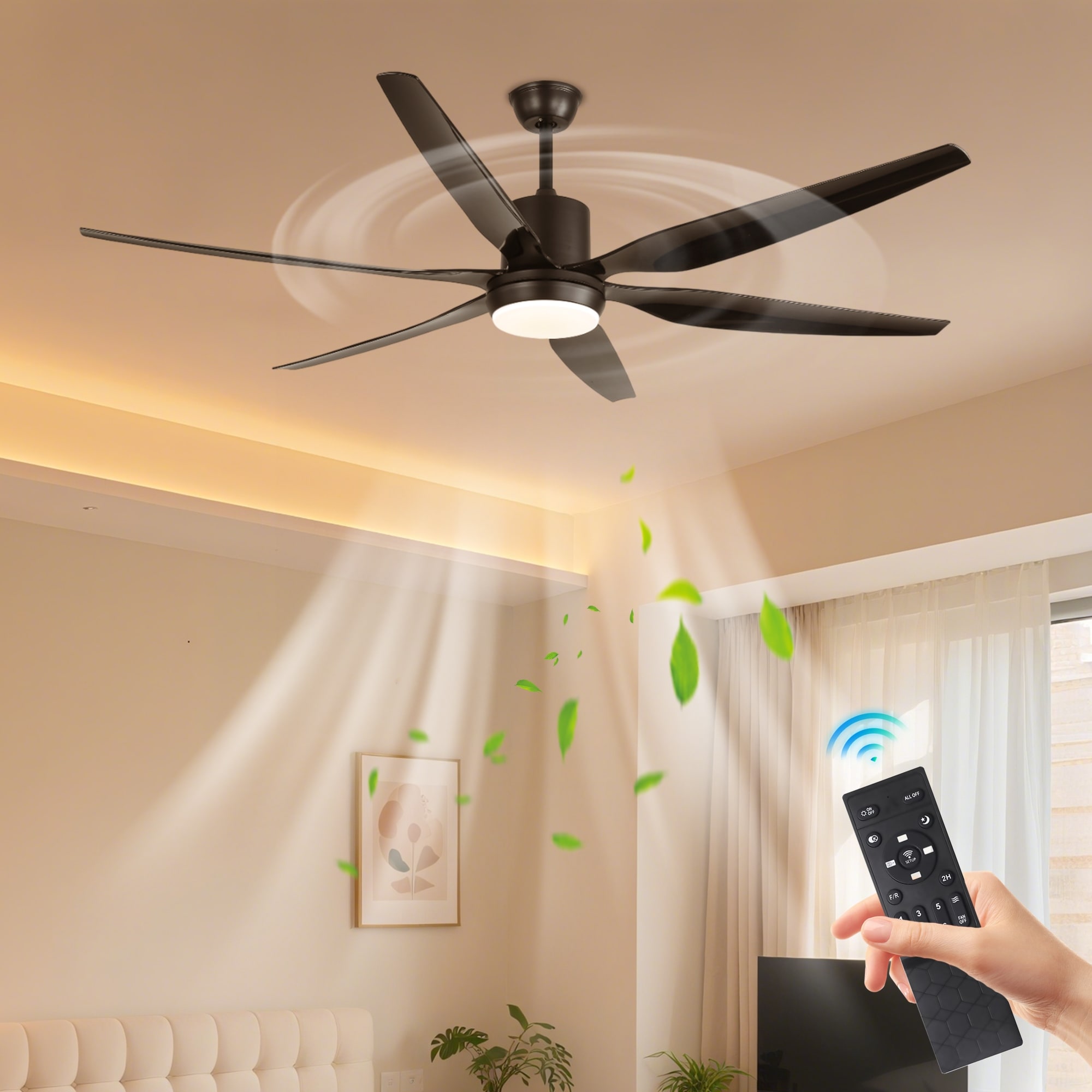 66 in. Modern Downrod Mount Ceiling Fan with LED Light, 6 ABS