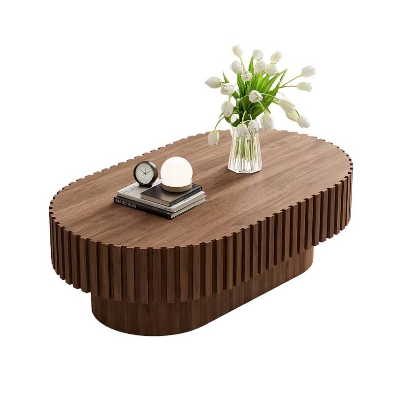 Oval Coffee Table for Living Room, Mid Century Modern Wooden Table with Pedestal, Unique Drum Tea Table Side Center Table