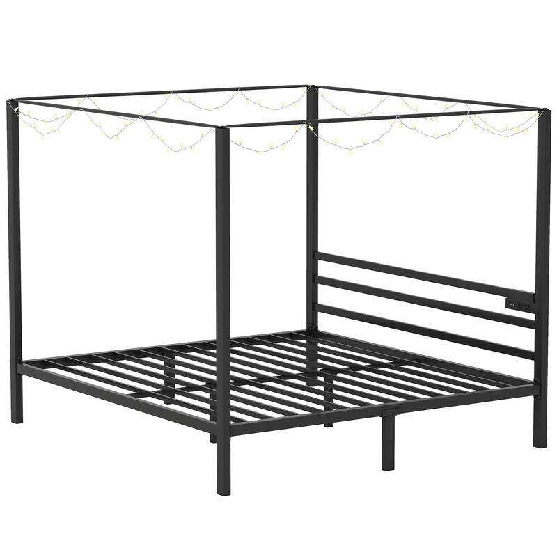 Moasis Black Canopy Bed Frame King, Four Poster Bed with Charge Station & Star-Shaped LED Light, 14 Inch Platform